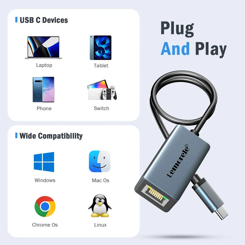 Lemorele TC48 USB-C to Gigabit Ethernet Adapter 1000Mbps