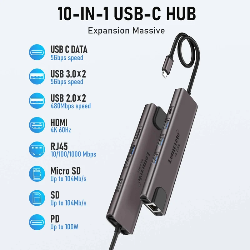 Lemorele TC46L USB-C 10-in-1 Docking Station with 4K HDMI & 100W PD