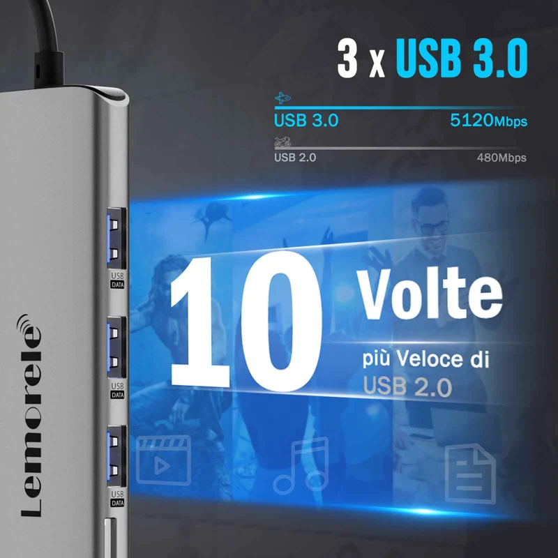 Lemorele TC38L USB-C 8-in-1 Hub with 4K HDMI & 100W PD Charging