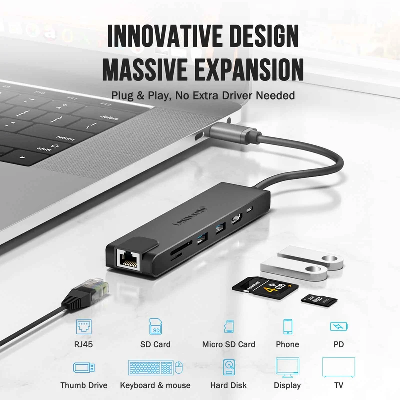 Lemorele TC25L USB-C 7-in-1 Hub – 4K HDMI, PD Charging, Gigabit Ethernet