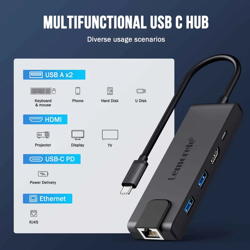 Lemorele TC24L USB-C 5-in-1 Hub – 100W PD, 4K HDMI, Gigabit Ethernet