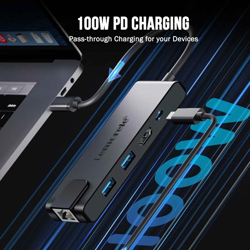 Lemorele TC24L USB-C 5-in-1 Hub – 100W PD, 4K HDMI, Gigabit Ethernet