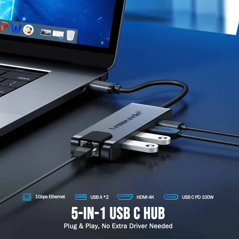 Lemorele TC24L USB-C 5-in-1 Hub – 100W PD, 4K HDMI, Gigabit Ethernet