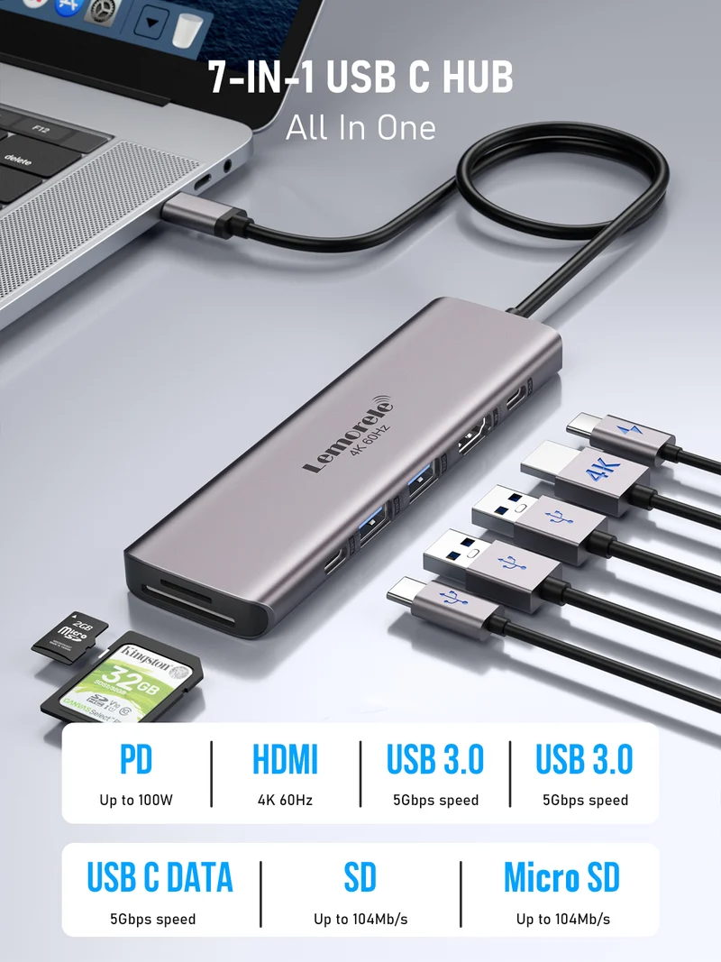Lemorele TC45L USB-C 7-in-1 Hub with 4K HDMI & SD/TF Reader